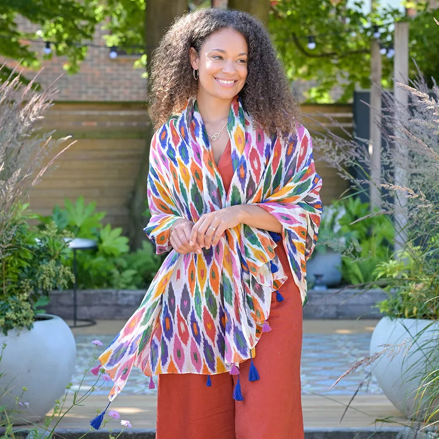 Organic cotton ikat print scarf with tassels