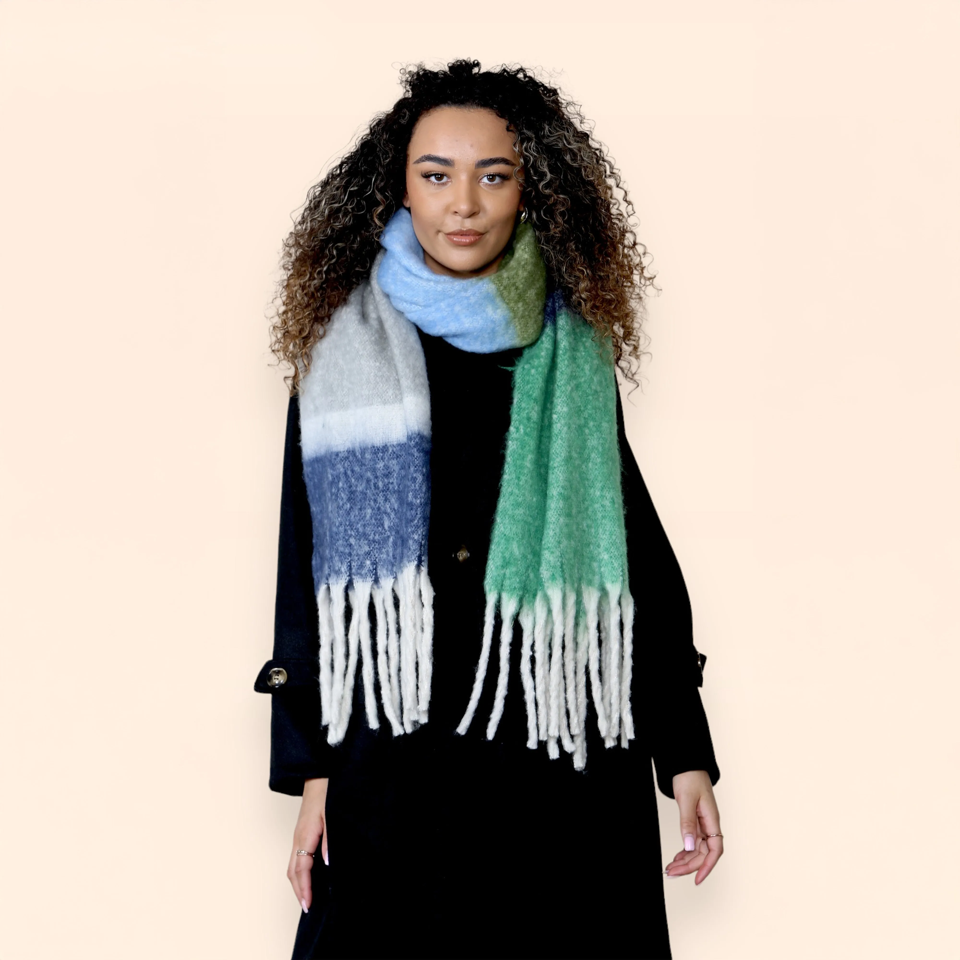 Women’s Green Blue Chunky Knit Bright Plaid Blanket Scarf Long Winter Wrap Warm Striped Shawl with Tassels Gift for Ladies by Daisy Dreamer